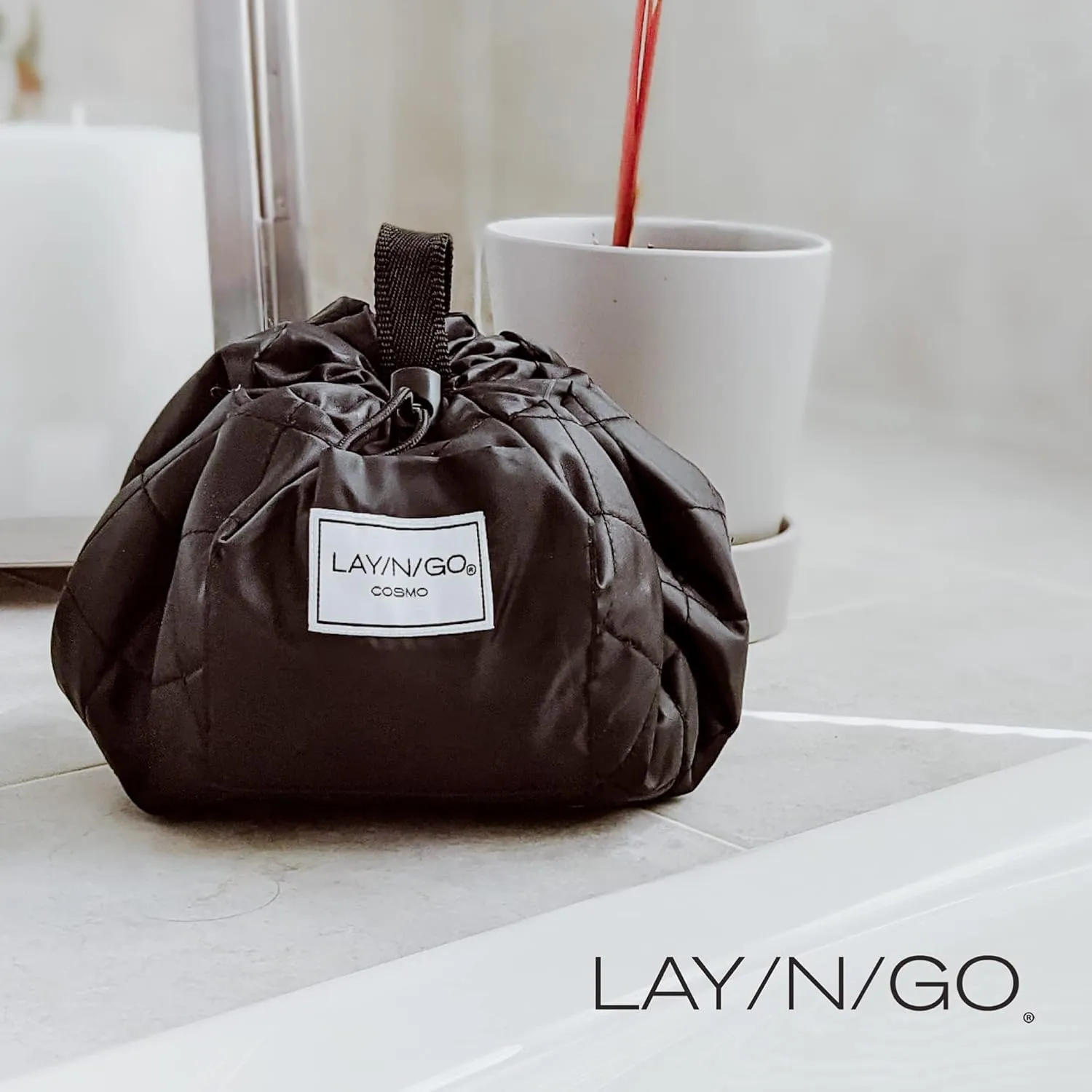 Lay-n-Go Cosmo Drawstring Cosmetic & Makeup Bag Organizer - Portable Drawstring Bag w/Zipper Pocket, Makeup Loops & More - Durable, Machine Washable Toiletry Bag for Travel (22", Blue Paisley)