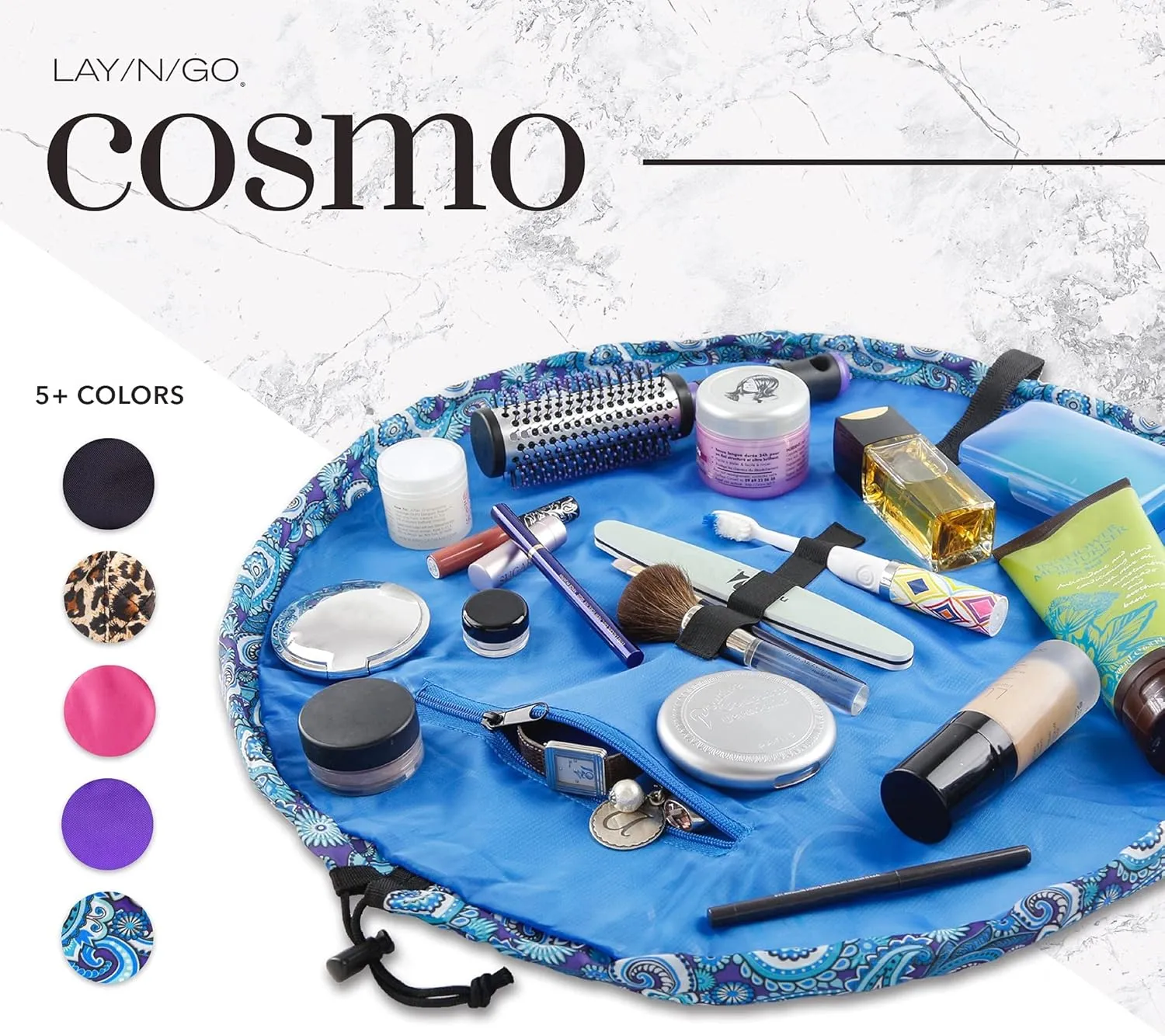 Lay-n-Go Cosmo Drawstring Cosmetic & Makeup Bag Organizer - Portable Drawstring Bag w/Zipper Pocket, Makeup Loops & More - Durable, Machine Washable Toiletry Bag for Travel (22", Blue Paisley)