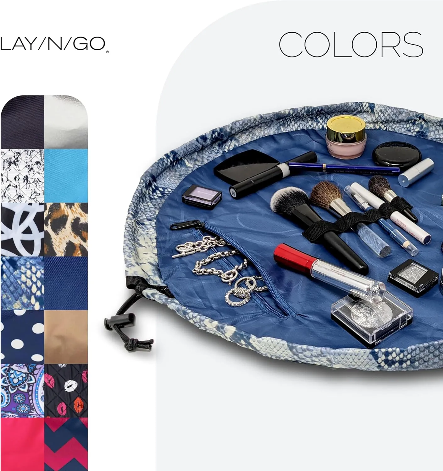 Lay-n-Go Cosmo Drawstring Cosmetic & Makeup Bag Organizer - Portable Drawstring Makeup Bag w/Zipper Pocket, Makeup Loops & More - Durable, Machine Washable Toiletry Bag (20", Blue Snakeskin)