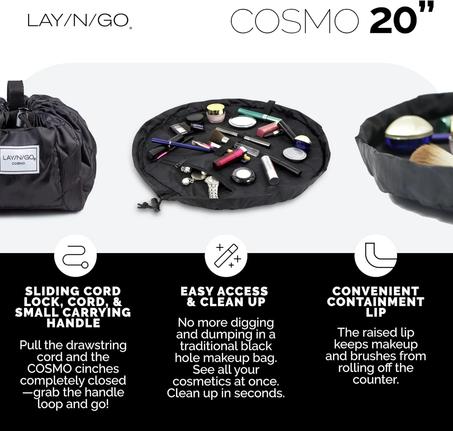 Lay-n-Go Cosmo Drawstring Cosmetic & Makeup Bag Organizer - Portable Drawstring Makeup Bag w/Zipper Pocket, Makeup Loops & More - Durable, Machine Washable Toiletry Bag (20", Blue Snakeskin)