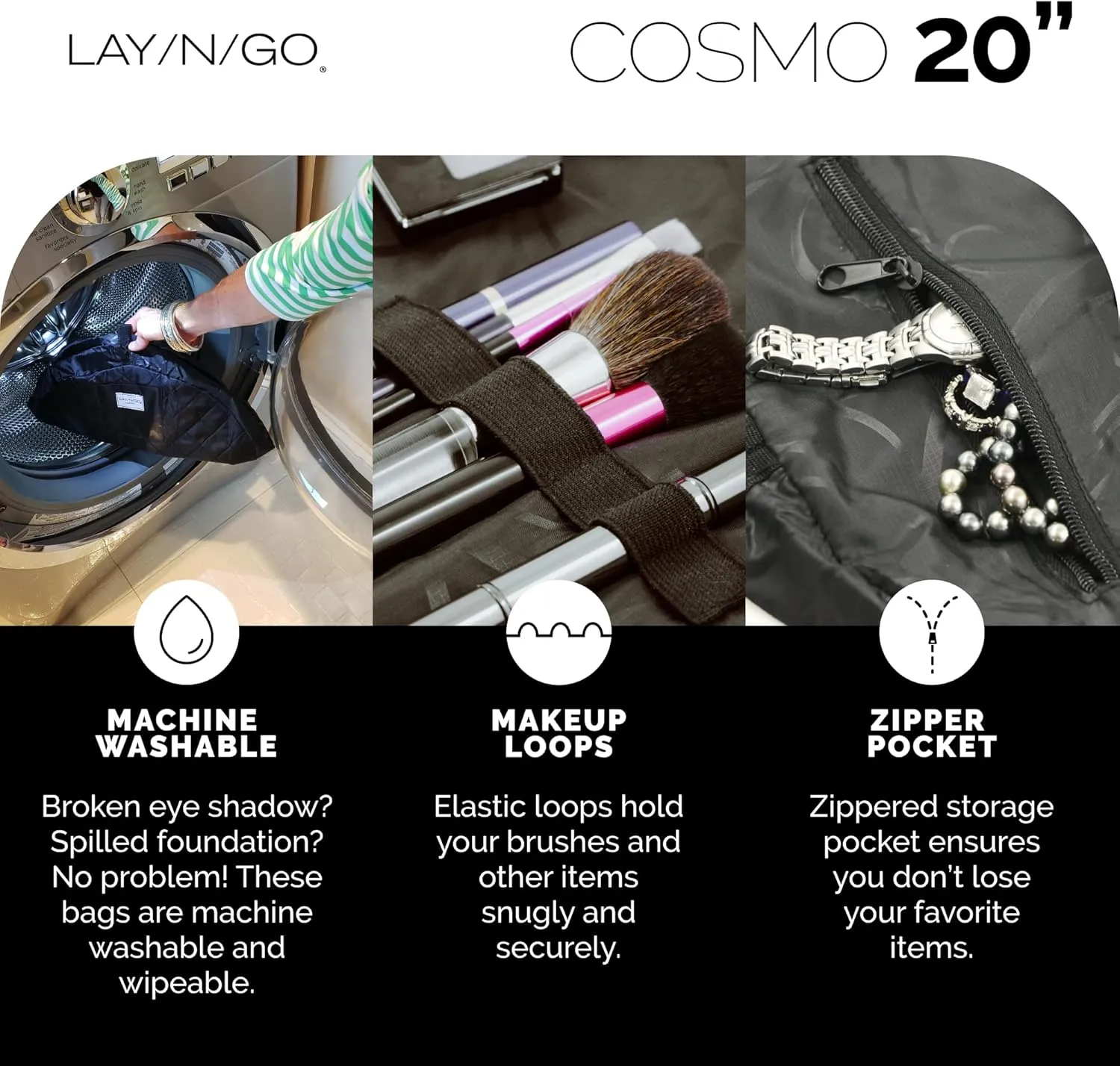 Lay-n-Go Cosmo Drawstring Cosmetic & Makeup Bag Organizer - Portable Drawstring Makeup Bag w/Zipper Pocket, Makeup Loops & More - Durable, Machine Washable Toiletry Bag (20", Blue Snakeskin)