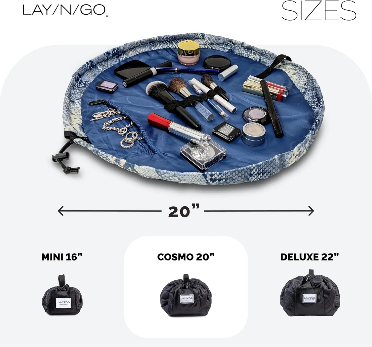 Lay-n-Go Cosmo Drawstring Cosmetic & Makeup Bag Organizer - Portable Drawstring Makeup Bag w/Zipper Pocket, Makeup Loops & More - Durable, Machine Washable Toiletry Bag (20", Blue Snakeskin)