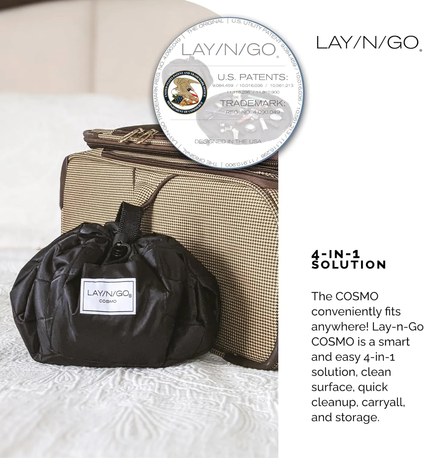 Lay-n-Go Cosmo Drawstring Cosmetic & Makeup Bag Organizer - Portable Drawstring Makeup Bag w/Zipper Pocket, Makeup Loops & More - Durable, Machine Washable Toiletry Bag (20", Blue Snakeskin)