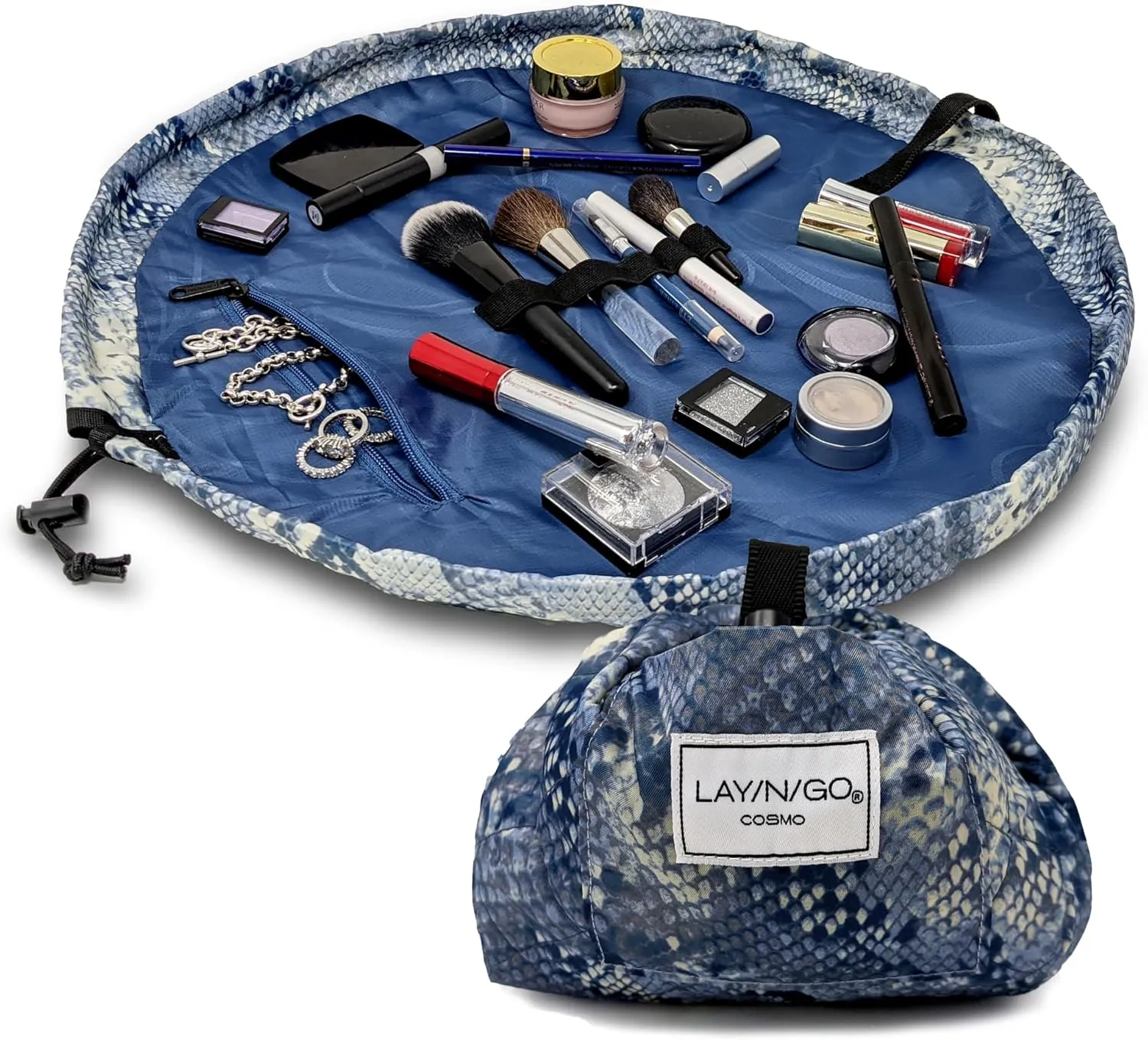 Lay-n-Go Cosmo Drawstring Cosmetic & Makeup Bag Organizer - Portable Drawstring Makeup Bag w/Zipper Pocket, Makeup Loops & More - Durable, Machine Washable Toiletry Bag (20", Blue Snakeskin)