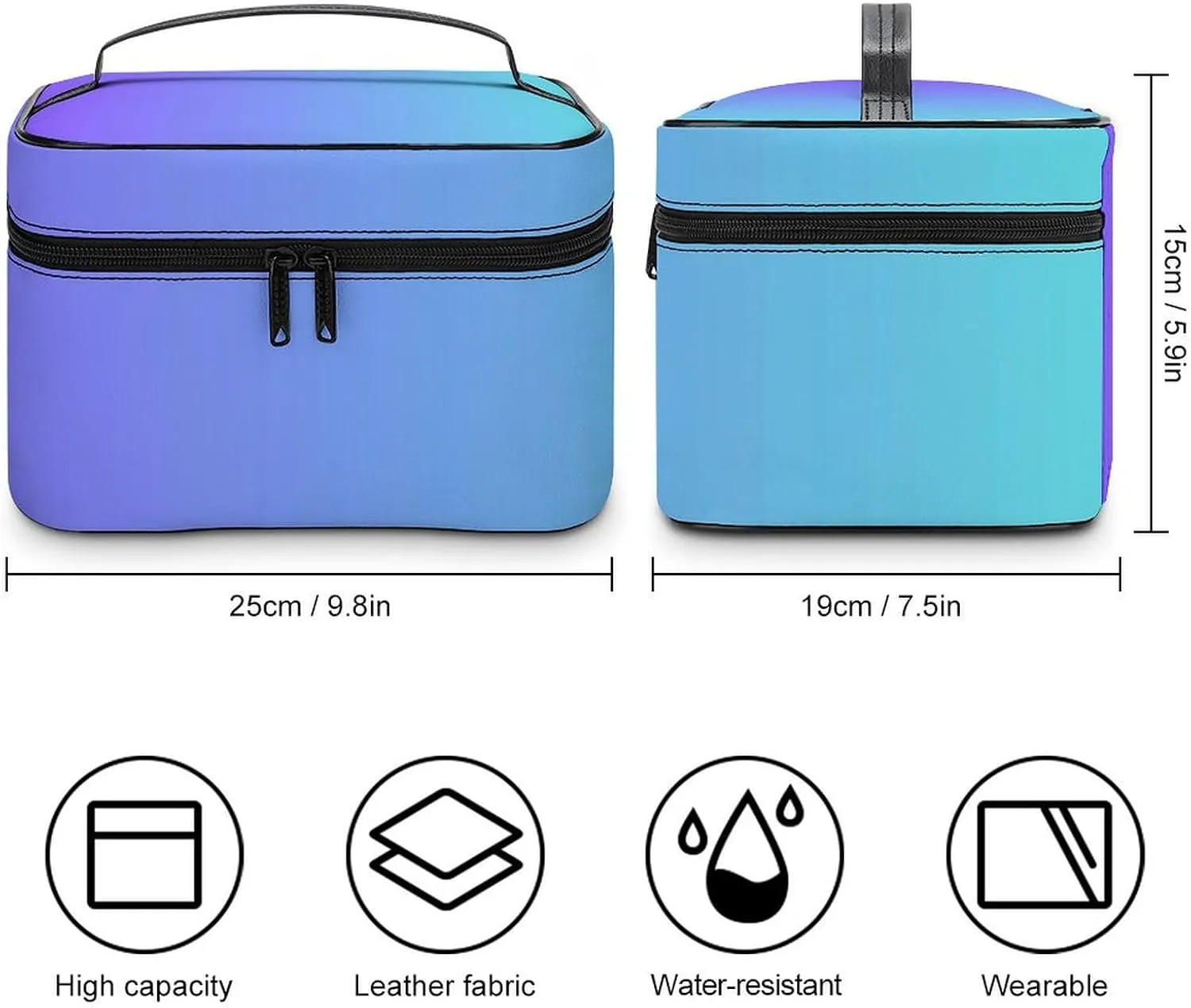 Leather Cosmetic Case, Blue Purple Ombre Portable Makeup Bag Organizer Large Capacity Travel Toiletry Bag with Zipper
