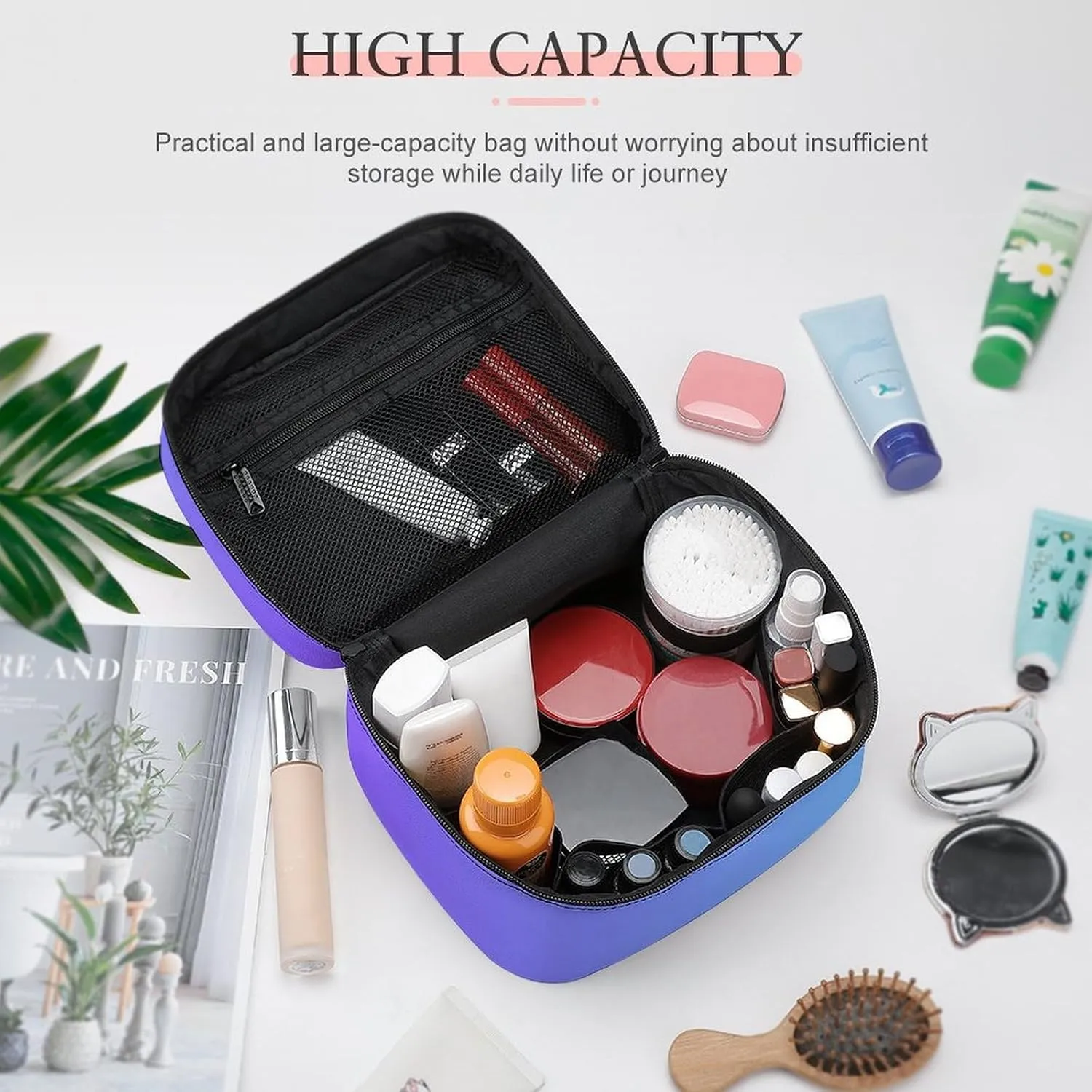 Leather Cosmetic Case, Blue Purple Ombre Portable Makeup Bag Organizer Large Capacity Travel Toiletry Bag with Zipper