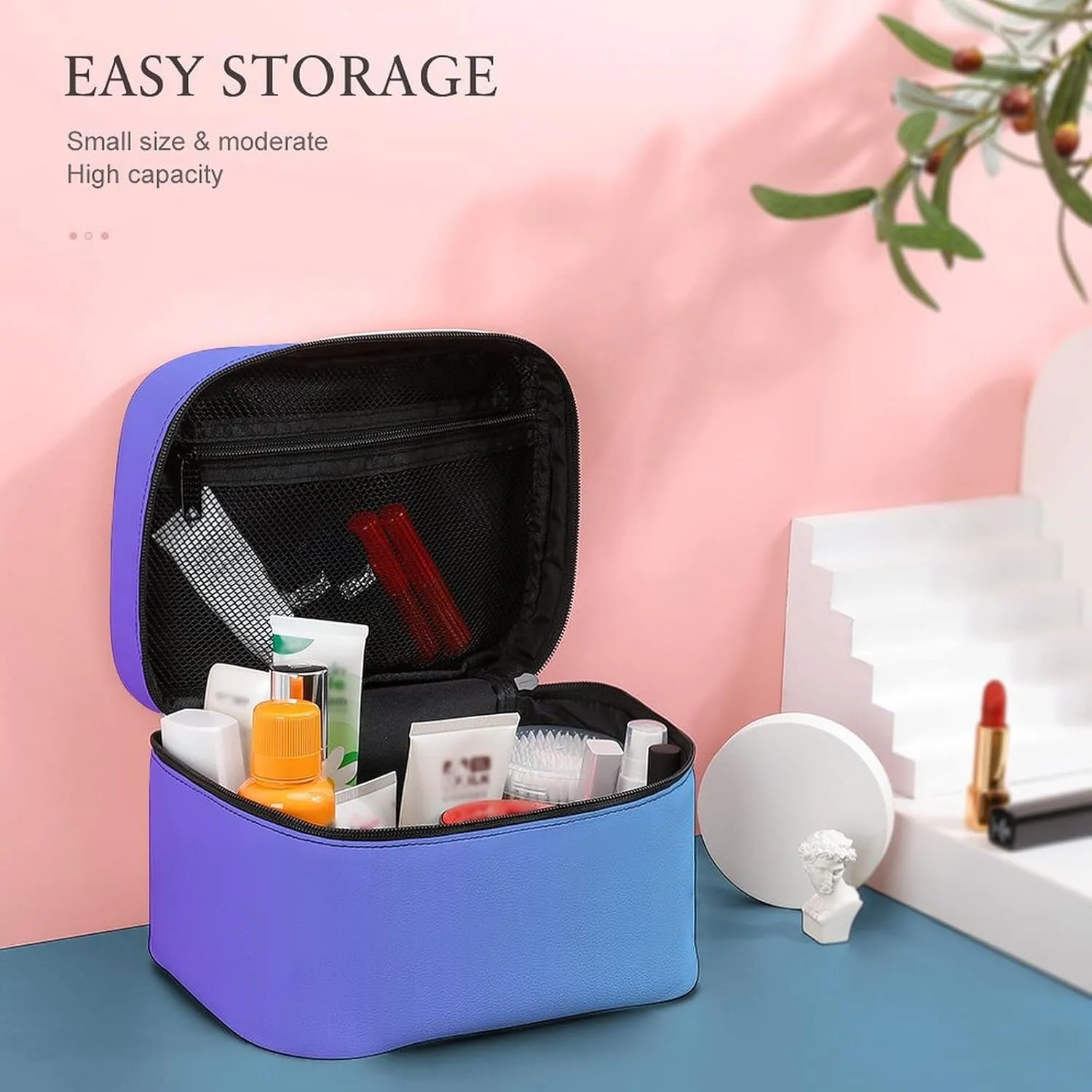 Leather Cosmetic Case, Blue Purple Ombre Portable Makeup Bag Organizer Large Capacity Travel Toiletry Bag with Zipper