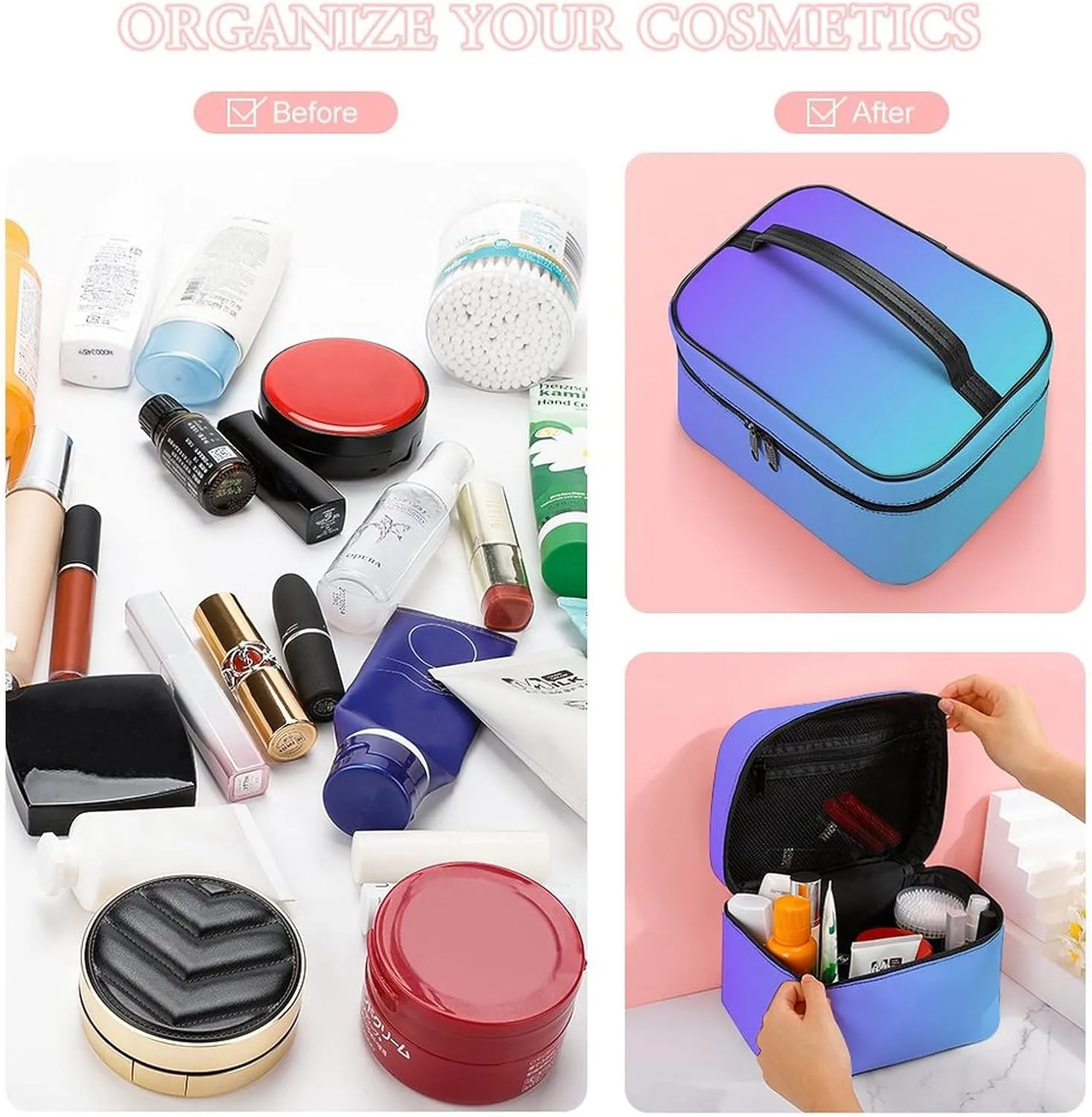 Leather Cosmetic Case, Blue Purple Ombre Portable Makeup Bag Organizer Large Capacity Travel Toiletry Bag with Zipper