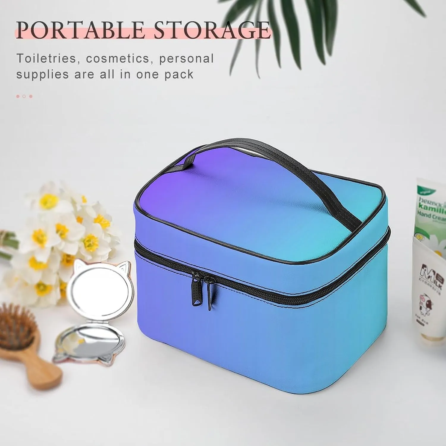 Leather Cosmetic Case, Blue Purple Ombre Portable Makeup Bag Organizer Large Capacity Travel Toiletry Bag with Zipper