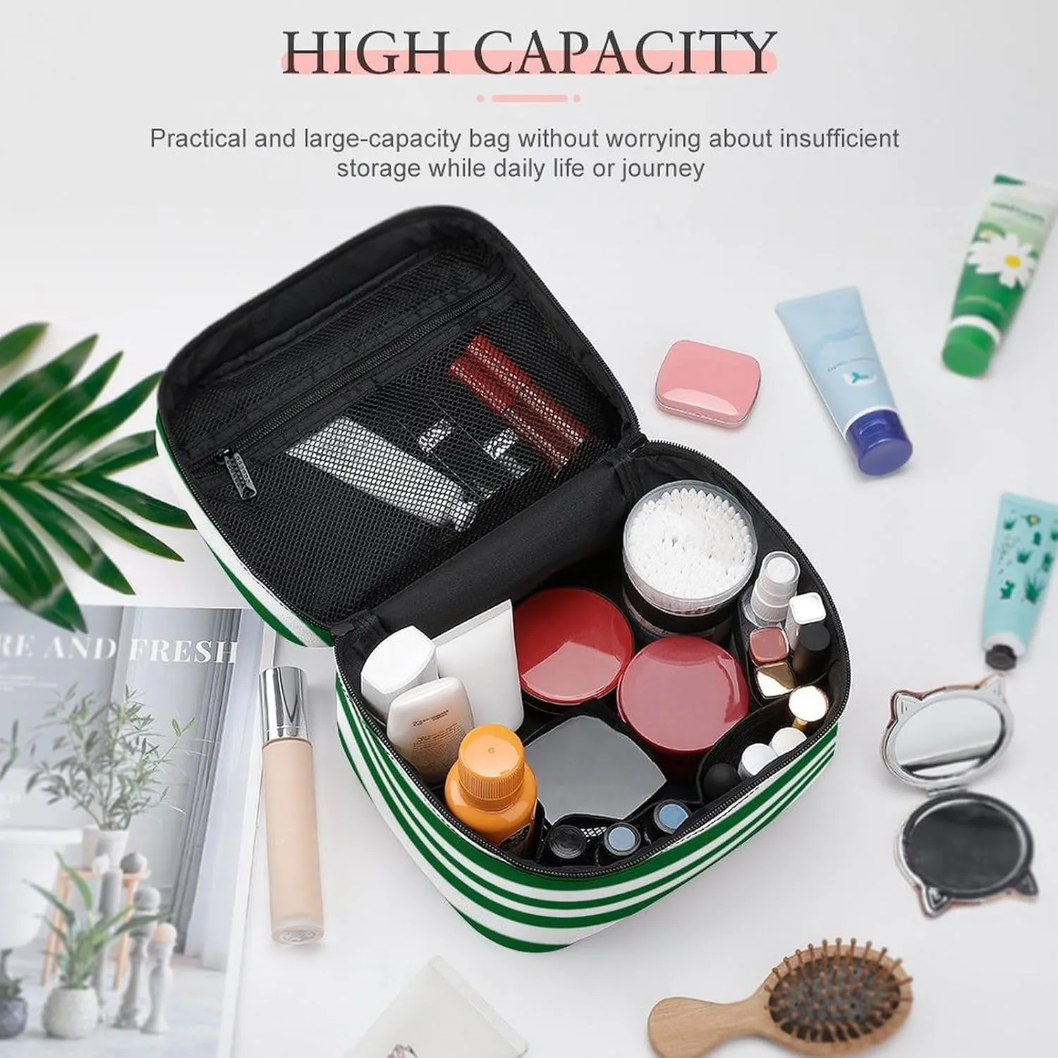 Leather Cosmetic Case, Classic Modern Dark Forest Green and White Portable Makeup Bag Organizer Large Capacity Travel Toiletry Bag with Zipper