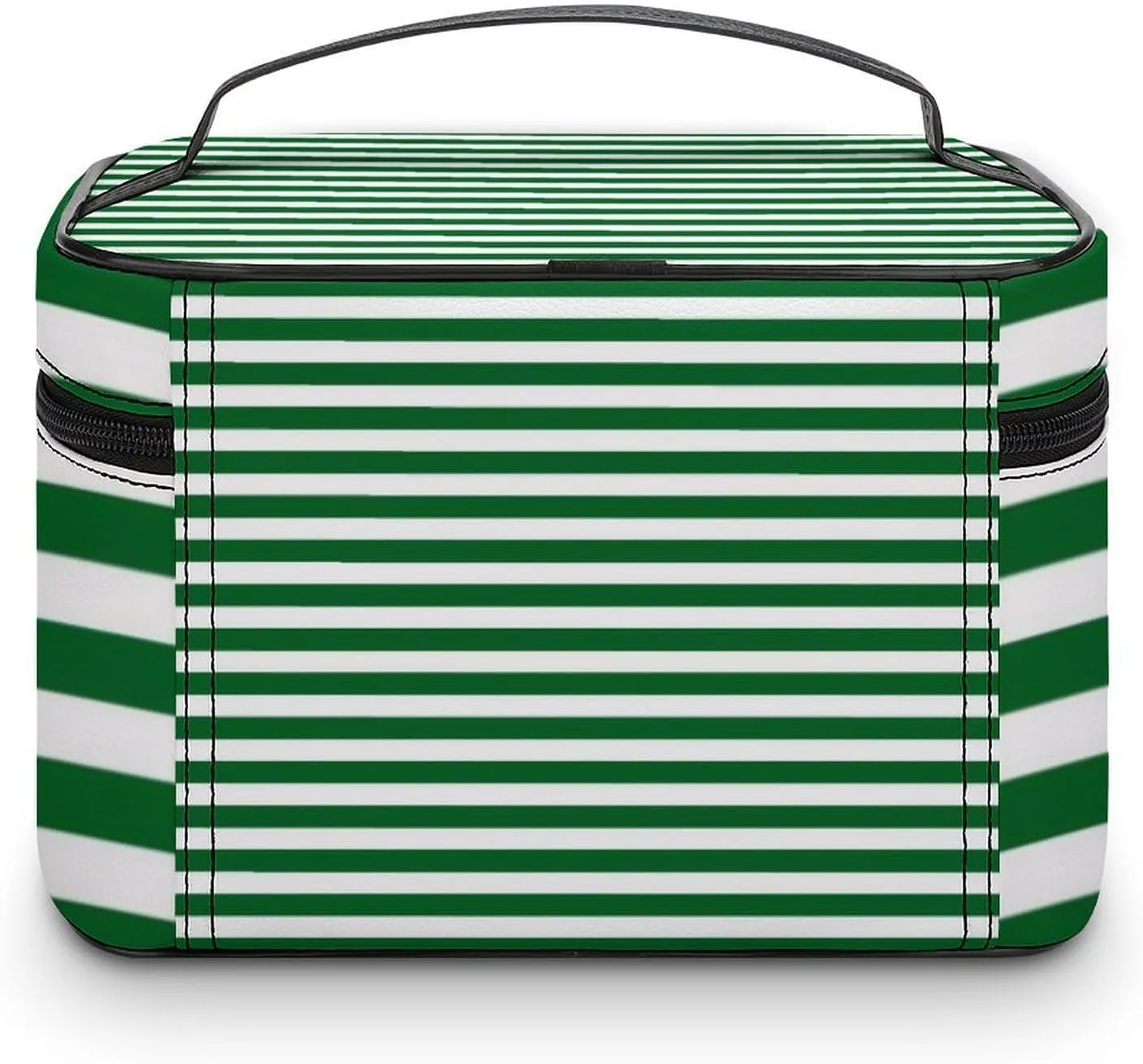 Leather Cosmetic Case, Classic Modern Dark Forest Green and White Portable Makeup Bag Organizer Large Capacity Travel Toiletry Bag with Zipper