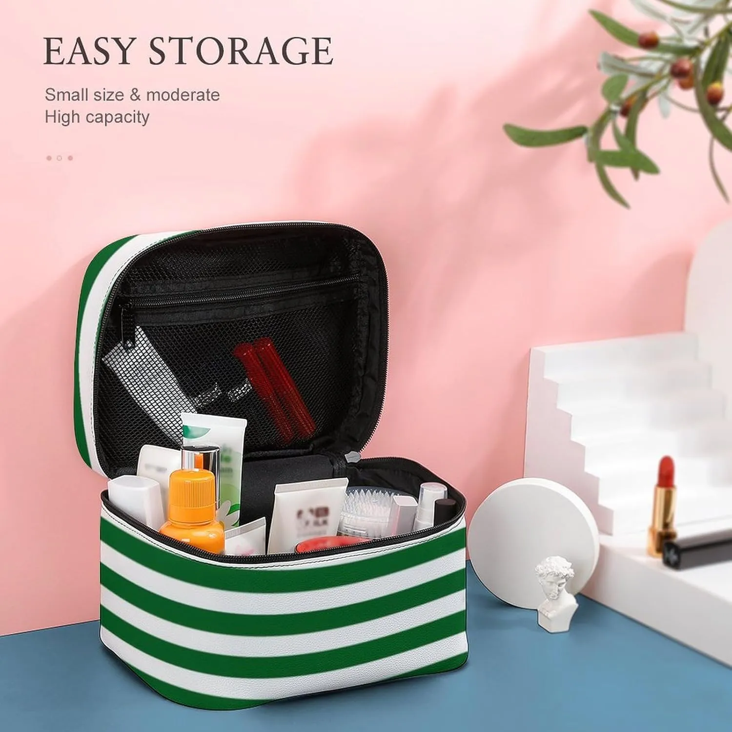 Leather Cosmetic Case, Classic Modern Dark Forest Green and White Portable Makeup Bag Organizer Large Capacity Travel Toiletry Bag with Zipper