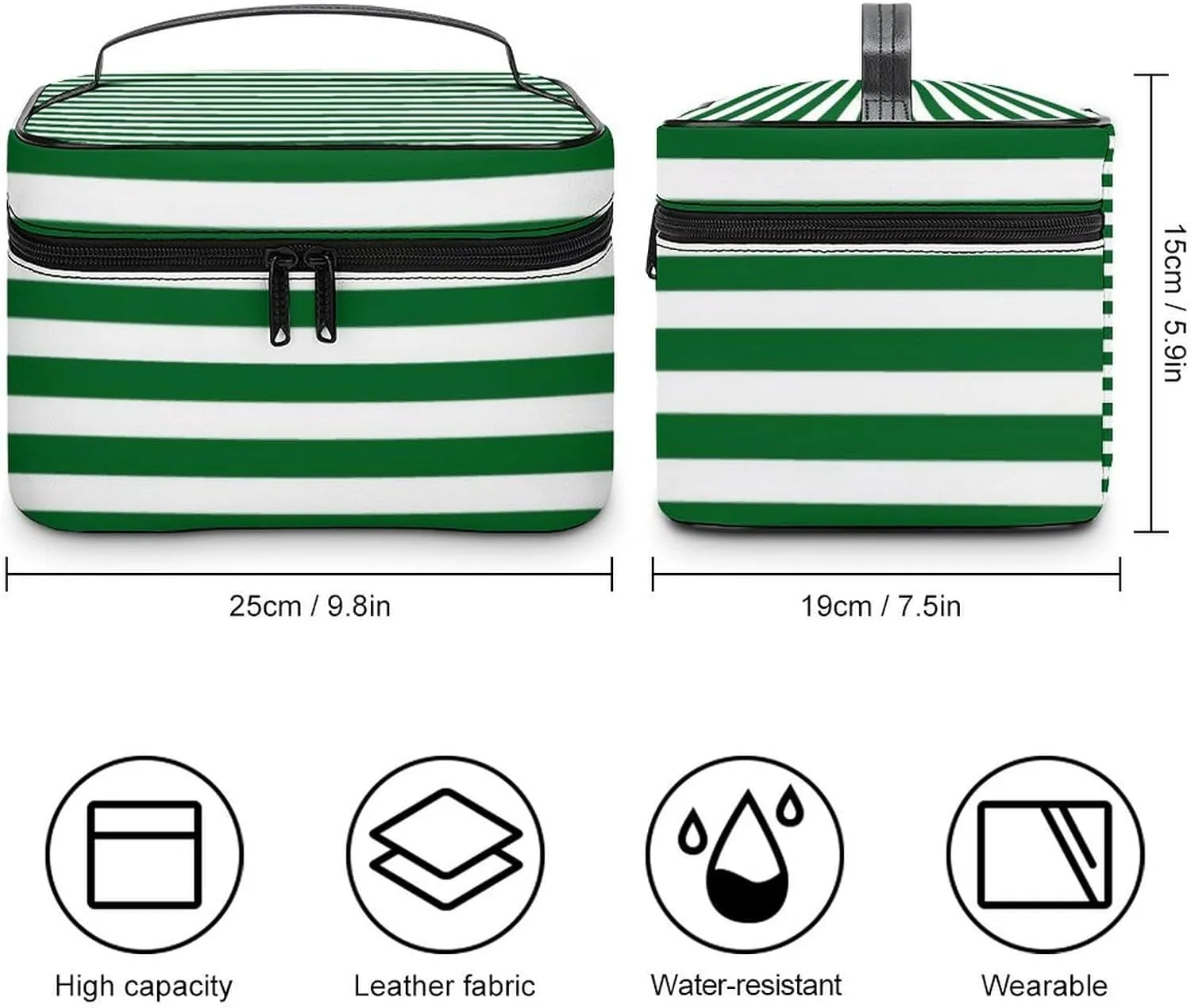 Leather Cosmetic Case, Classic Modern Dark Forest Green and White Portable Makeup Bag Organizer Large Capacity Travel Toiletry Bag with Zipper
