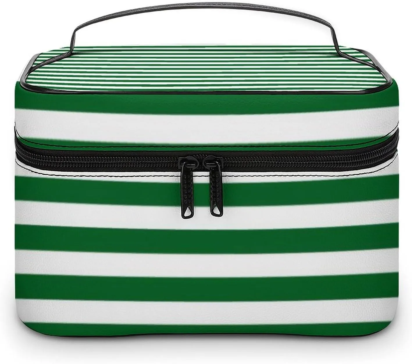 Leather Cosmetic Case, Classic Modern Dark Forest Green and White Portable Makeup Bag Organizer Large Capacity Travel Toiletry Bag with Zipper