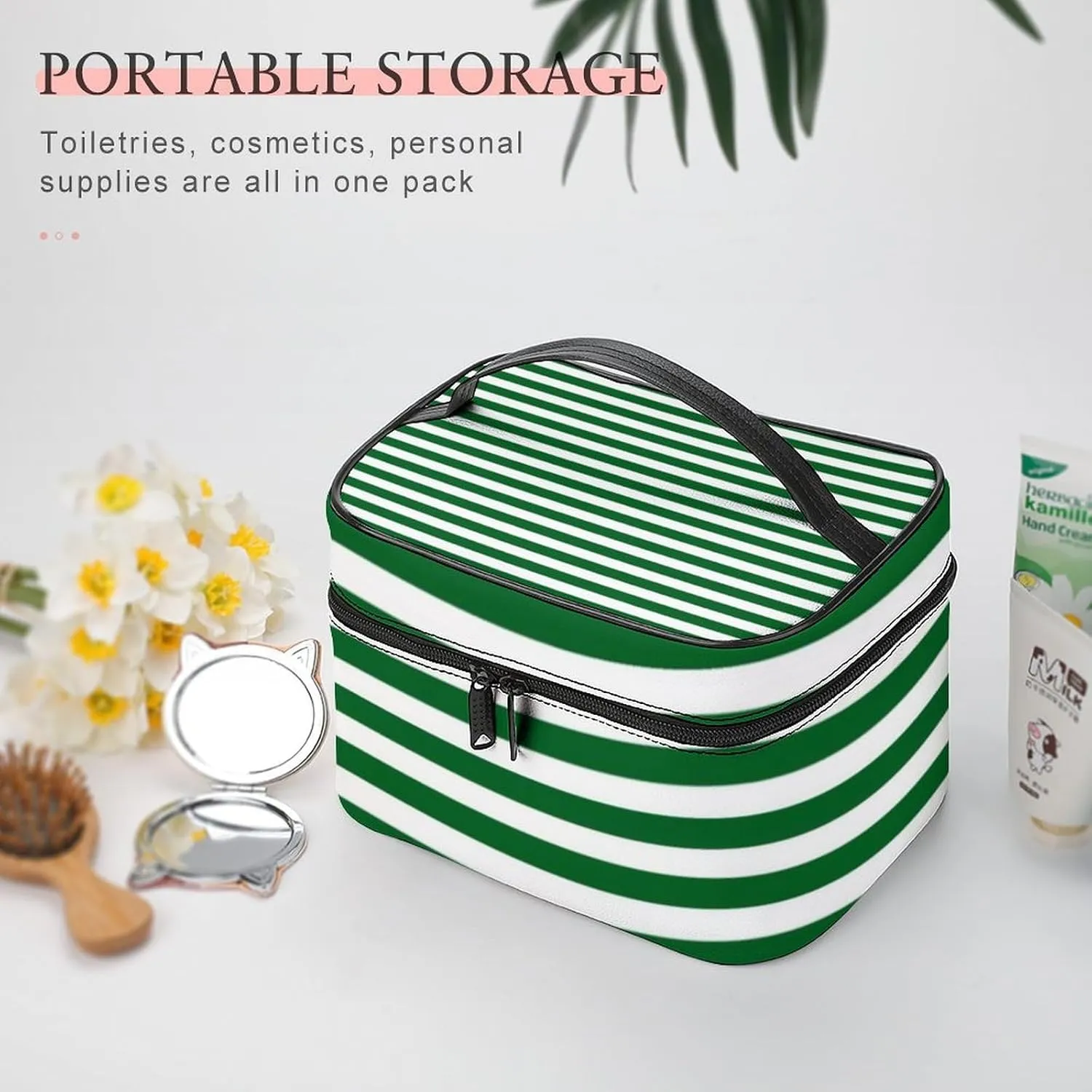 Leather Cosmetic Case, Classic Modern Dark Forest Green and White Portable Makeup Bag Organizer Large Capacity Travel Toiletry Bag with Zipper
