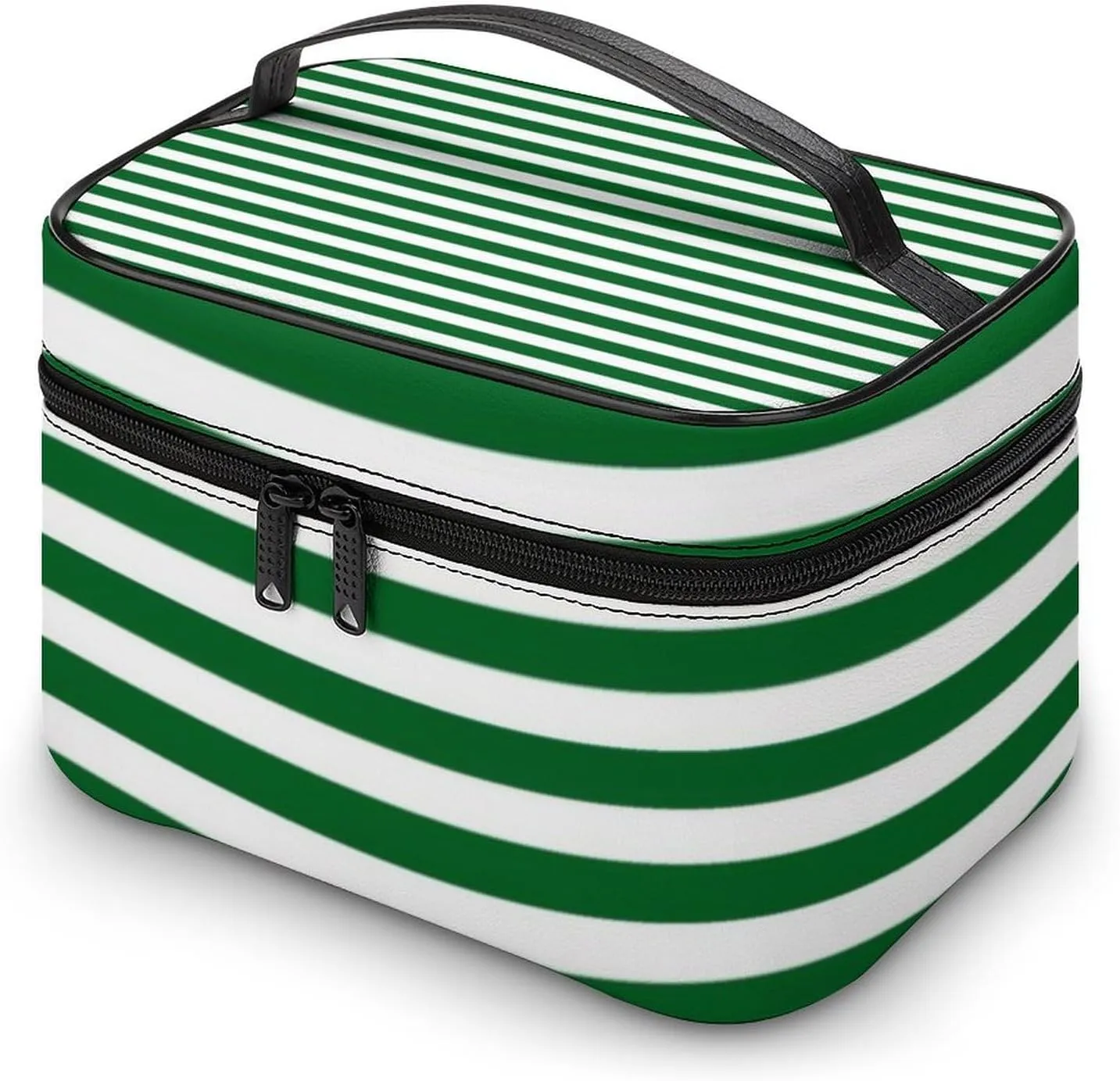 Leather Cosmetic Case, Classic Modern Dark Forest Green and White Portable Makeup Bag Organizer Large Capacity Travel Toiletry Bag with Zipper