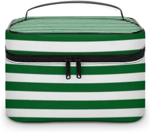 Leather Cosmetic Case, Classic Modern Dark Forest Green and White Portable Makeup Bag Organizer Large Capacity Travel Toiletry Bag with Zipper
