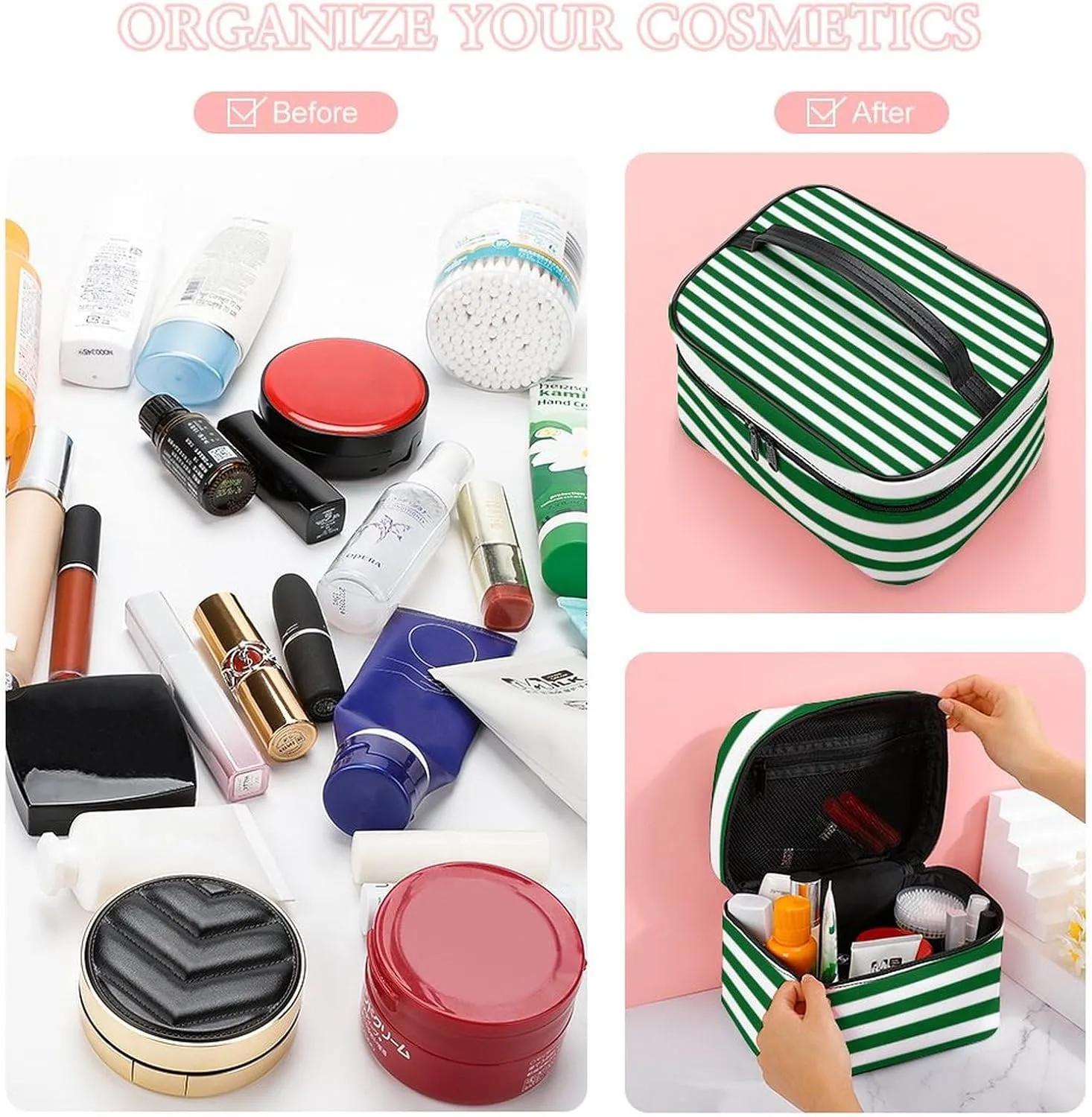 Leather Cosmetic Case, Classic Modern Dark Forest Green and White Portable Makeup Bag Organizer Large Capacity Travel Toiletry Bag with Zipper