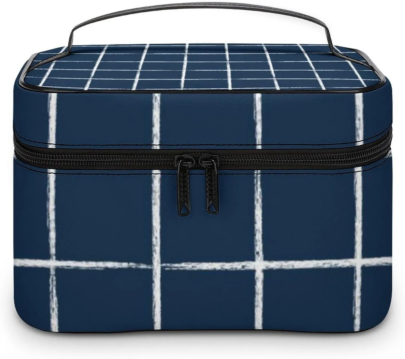 Leather Portable Makeup Bag, Navy Blue Checkered Modern Minimalist Travel Cosmetic Bag Makeup Organizer Case Large Capacity Zipper Toiletry Bag for Women
