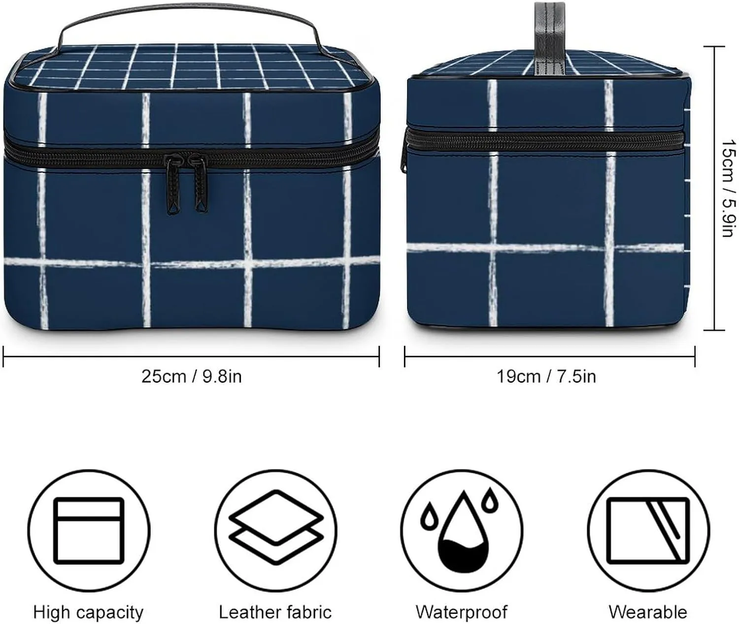 Leather Portable Makeup Bag, Navy Blue Checkered Modern Minimalist Travel Cosmetic Bag Makeup Organizer Case Large Capacity Zipper Toiletry Bag for Women