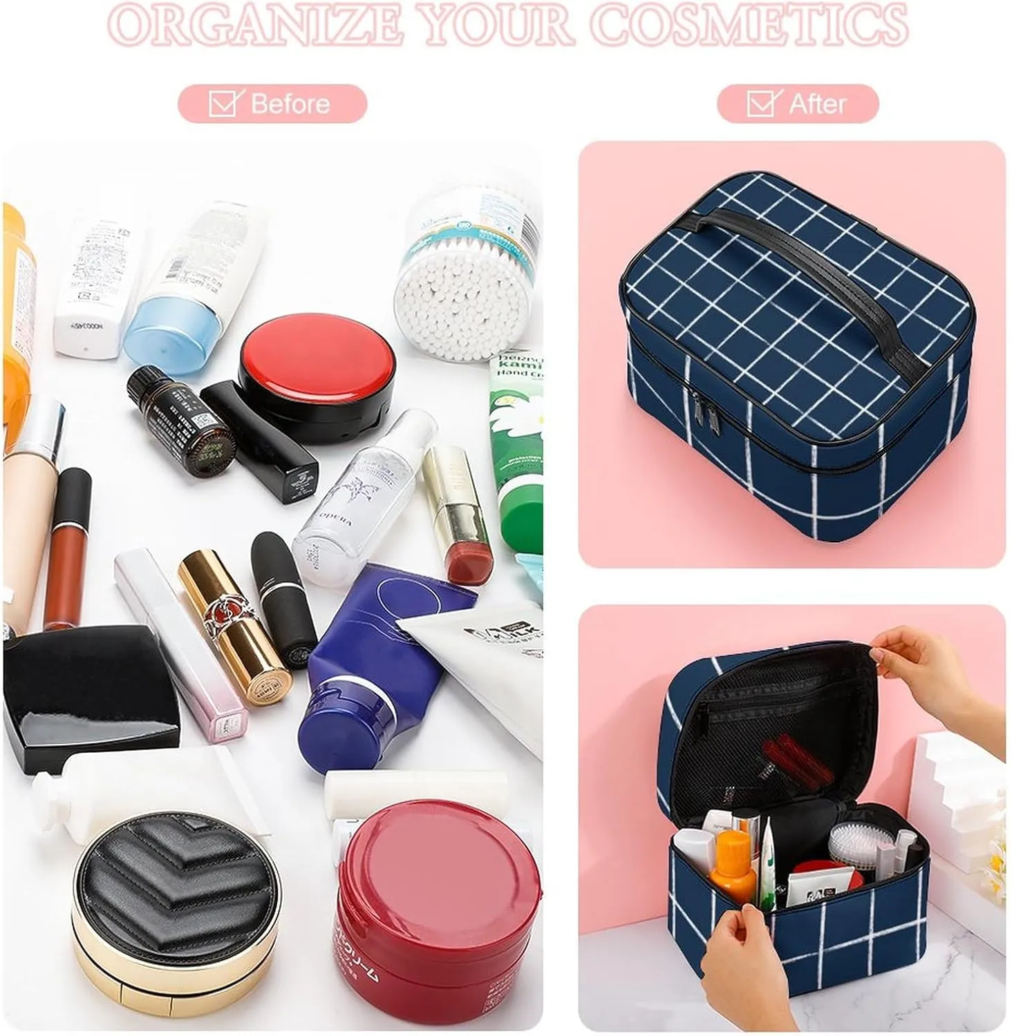 Leather Portable Makeup Bag, Navy Blue Checkered Modern Minimalist Travel Cosmetic Bag Makeup Organizer Case Large Capacity Zipper Toiletry Bag for Women