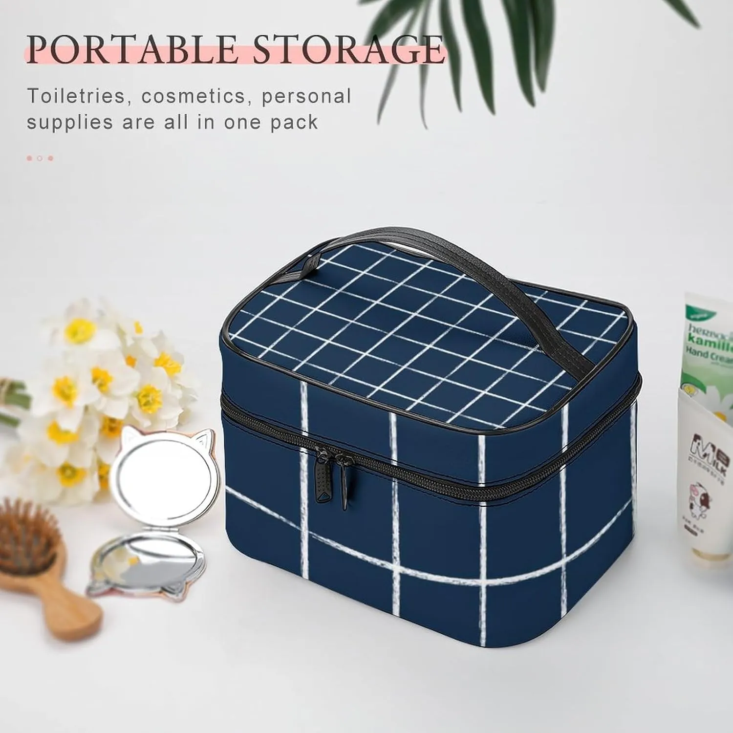 Leather Portable Makeup Bag, Navy Blue Checkered Modern Minimalist Travel Cosmetic Bag Makeup Organizer Case Large Capacity Zipper Toiletry Bag for Women