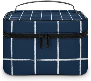 Leather Portable Makeup Bag, Navy Blue Checkered Modern Minimalist Travel Cosmetic Bag Makeup Organizer Case Large Capacity Zipper Toiletry Bag for Women