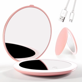 LED Lighted Compact Mirror,4 Inch 1X/5X Magnification Travel Makeup Mirror,Rechargeable Portable Compact Mirror with Light for Handbag, Purse, Pocket, Pink