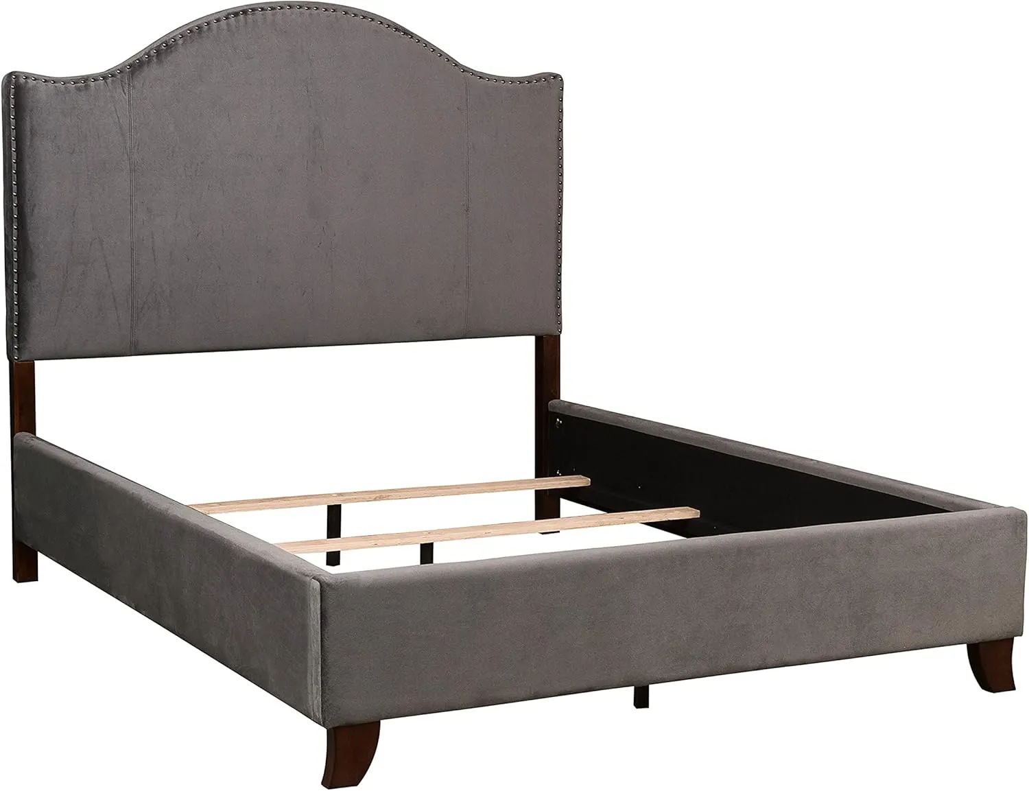 Lexicon California King Bed Frame with Headboard, Traditional Bed Frame, Velvet Upholstered Bed Frame with Nailhead Trim On Camelback Headboard, Box Spring Required, Easy Assembly, Gray