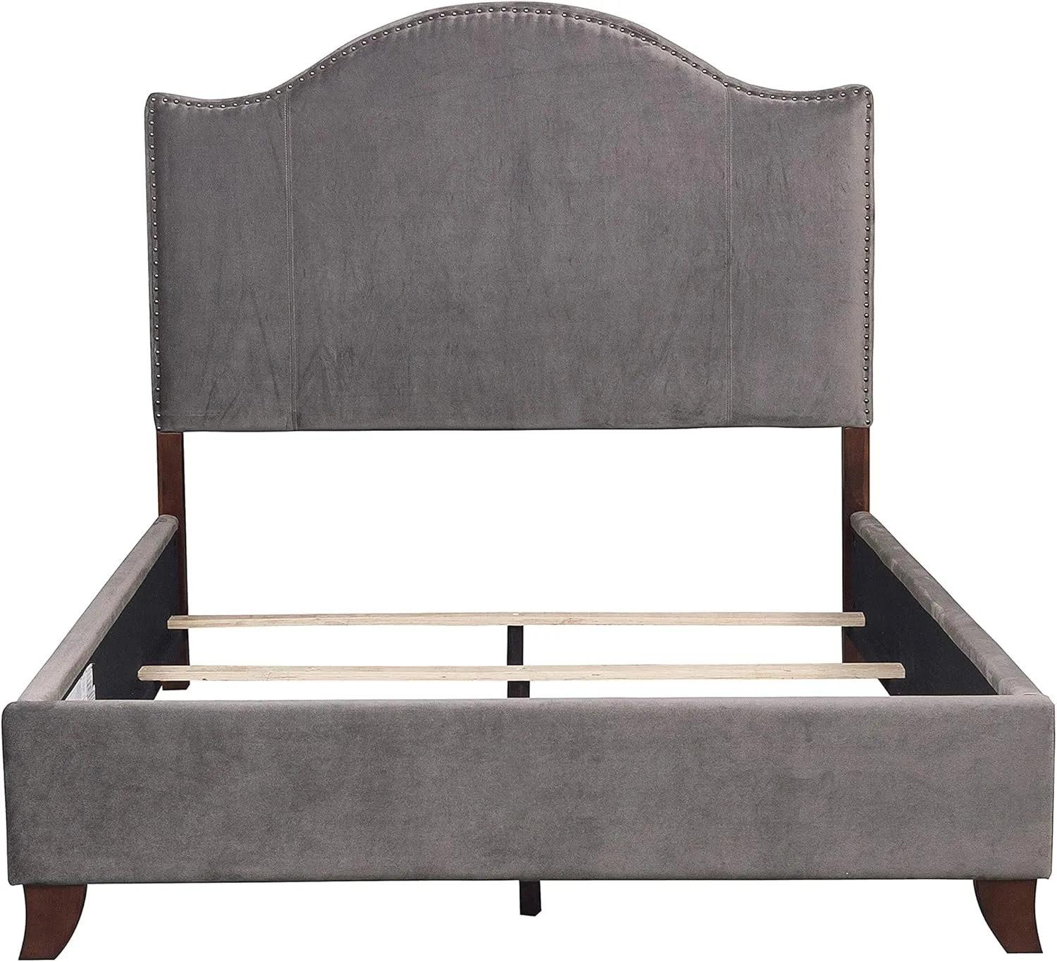Lexicon California King Bed Frame with Headboard, Traditional Bed Frame, Velvet Upholstered Bed Frame with Nailhead Trim On Camelback Headboard, Box Spring Required, Easy Assembly, Gray