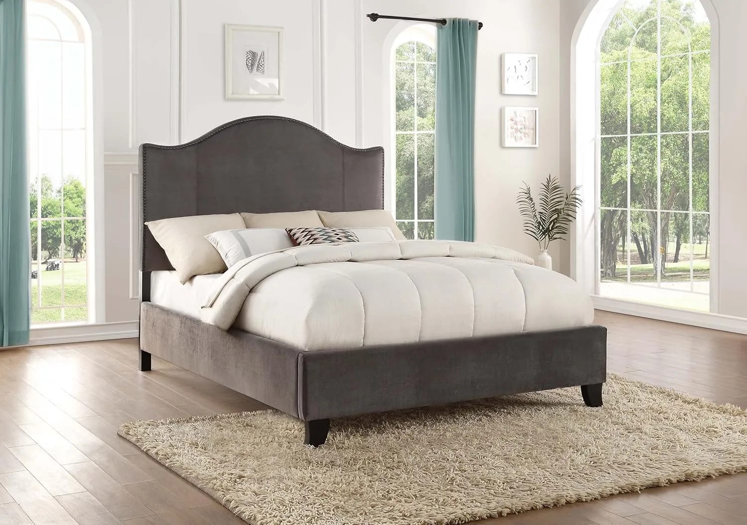 Lexicon California King Bed Frame with Headboard, Traditional Bed Frame, Velvet Upholstered Bed Frame with Nailhead Trim On Camelback Headboard, Box Spring Required, Easy Assembly, Gray