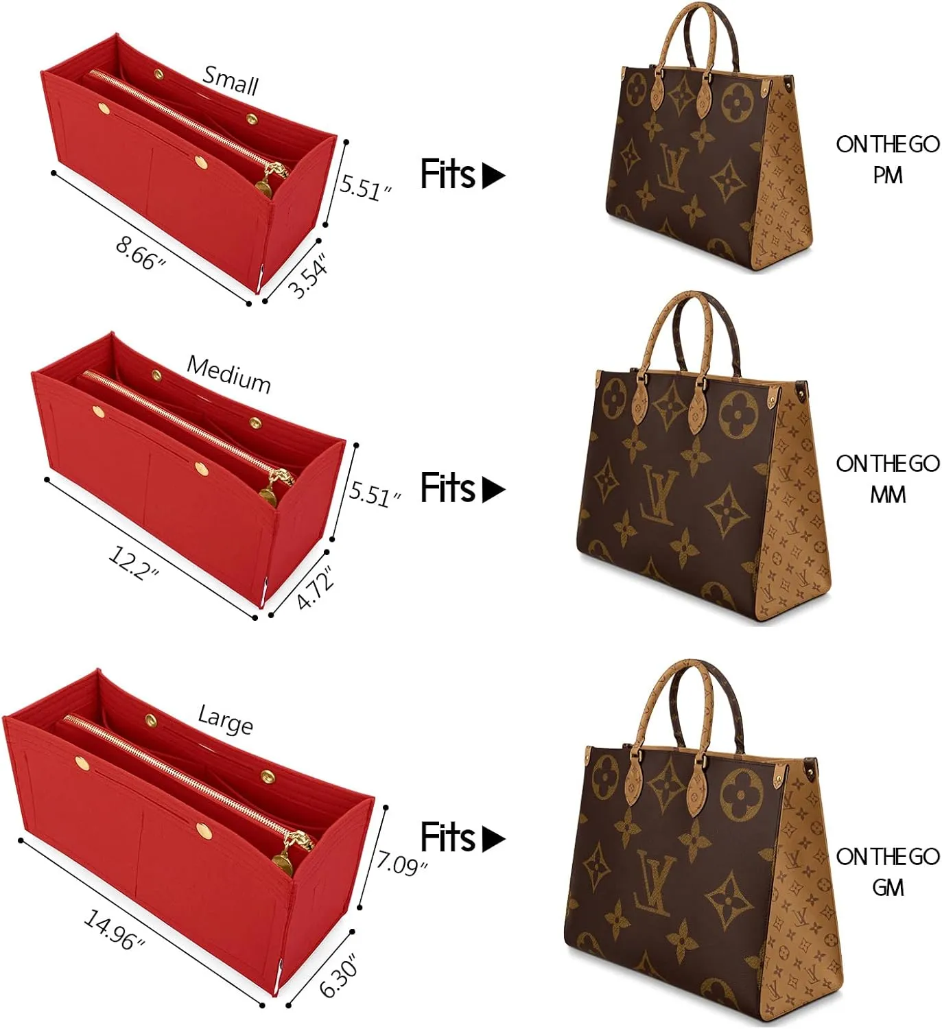 LEXSION Felt Purse Organizer Insert,Handbag Organizer with Detachalbe Zipper Pocket for ONTHEGO MM,3 Size 8034 Red Medium