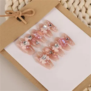 Light Luxury Handmade Nails Sweet Pink Blush Coffin Press on Nails Tips Nail Art Decoration for Women and Girls Manicure 10PCS (S)