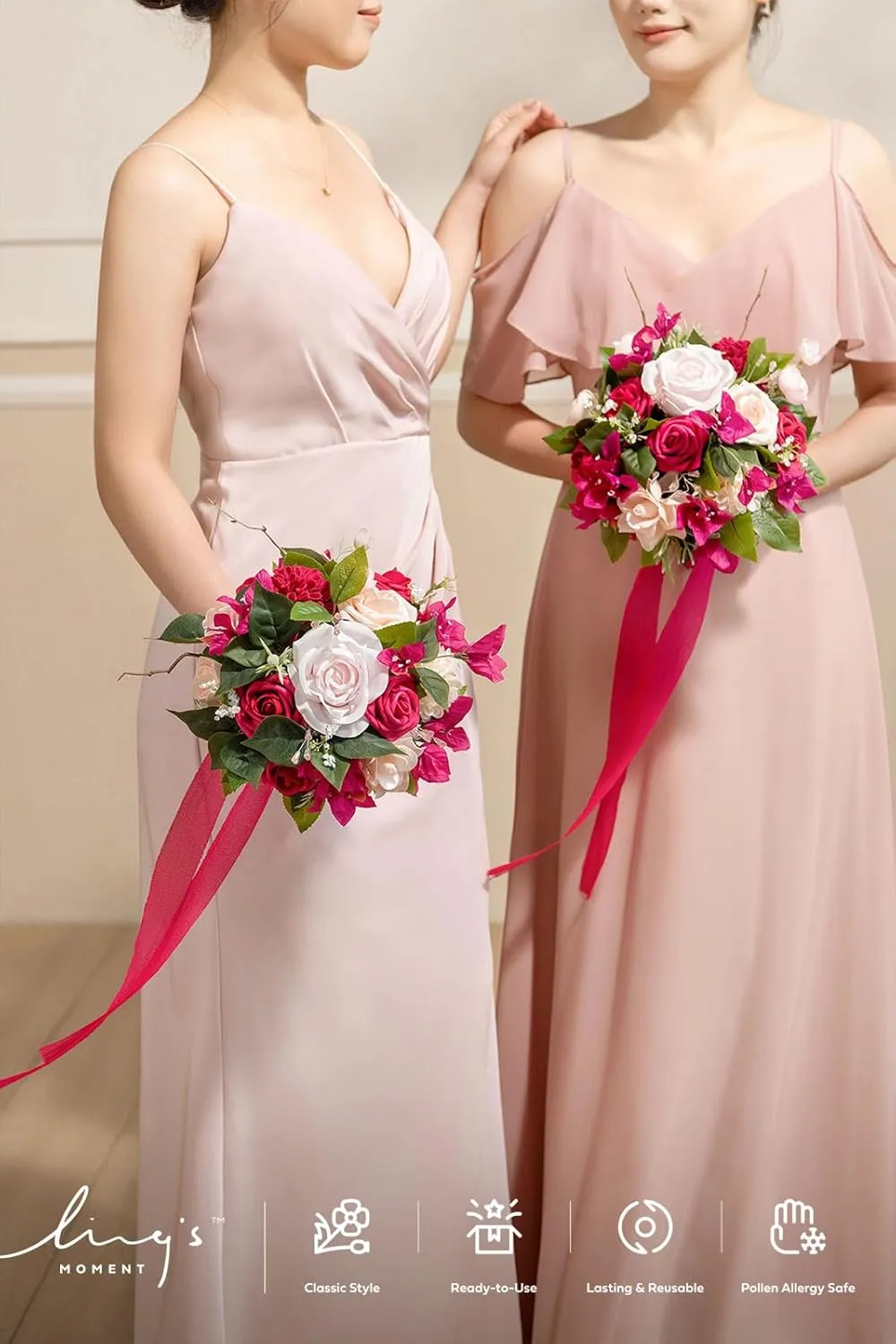 Ling's Moment Blush Pink Bridesmaid Bouquet Set of 4, Pink Wedding Bouquets for Bridesmaids, 7 Inch Bridal Bouquets for Bridesmaids, Wedding, Ceremony, Anniversary, etc.