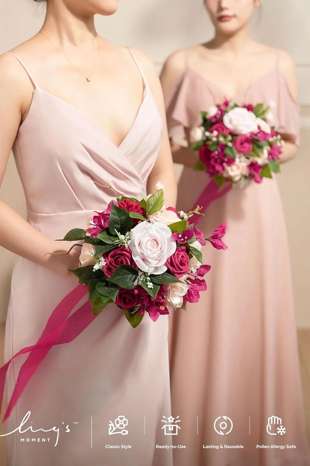 Ling's Moment Blush Pink Bridesmaid Bouquet Set of 4, Pink Wedding Bouquets for Bridesmaids, 7 Inch Bridal Bouquets for Bridesmaids, Wedding, Ceremony, Anniversary, etc.