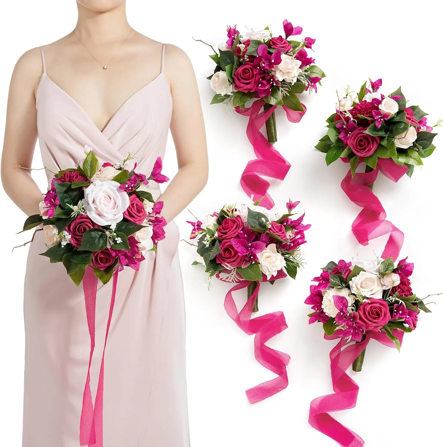 Ling's Moment Blush Pink Bridesmaid Bouquet Set of 4, Pink Wedding Bouquets for Bridesmaids, 7 Inch Bridal Bouquets for Bridesmaids, Wedding, Ceremony, Anniversary, etc.