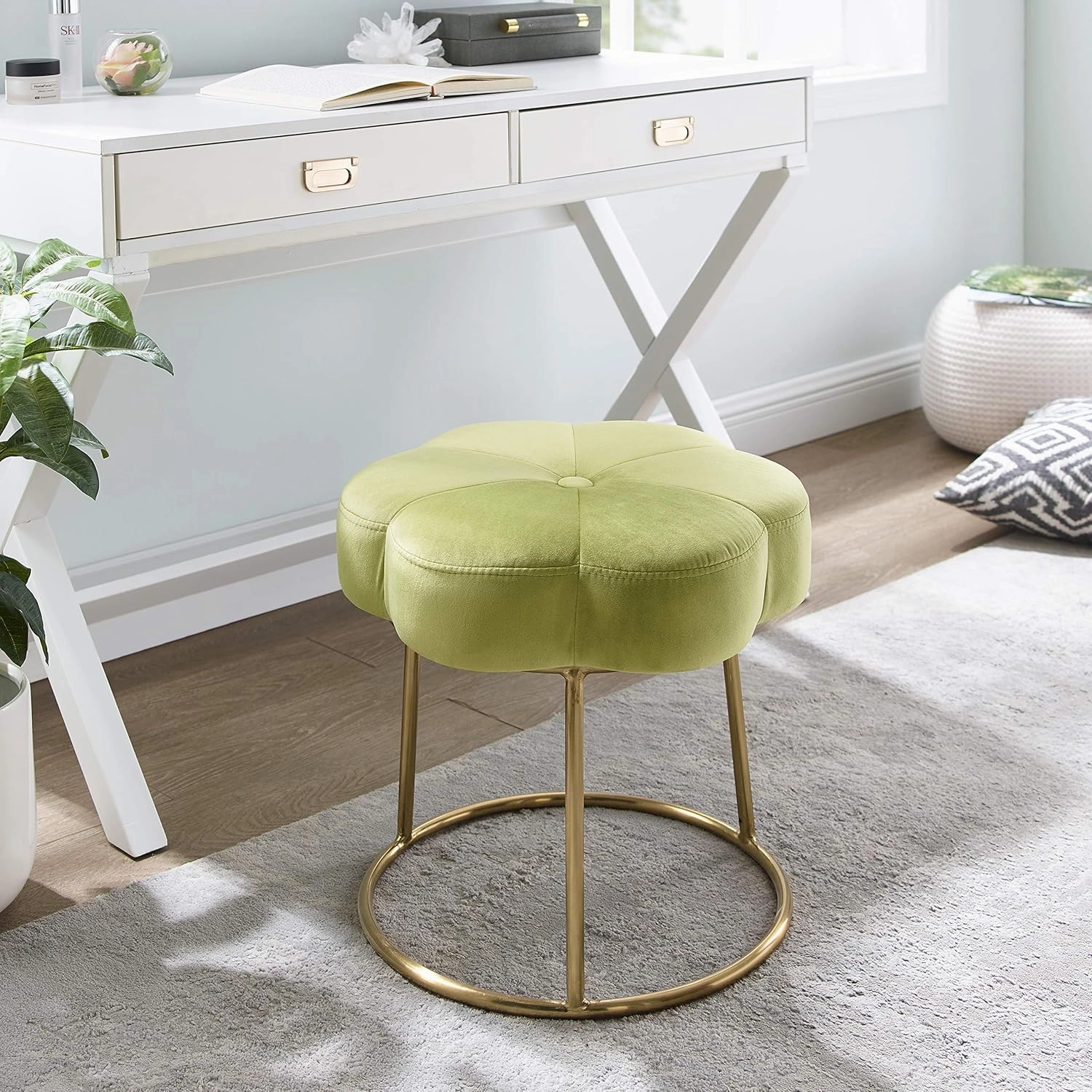 Linon Light Green and Gold Vanity and Accent Talulah Stool