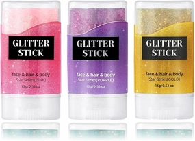 Liplaya Glitter Stick, Body Glitter Stick, Singer Concert Outfit Face Glitters Makeup Sparkling Mermaid Sequin Chunky Face Pain for Faces and Body, Long-Lasting Shine (Gold Pink Purple)