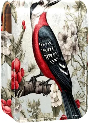 Lipstick Case Woodpecker Bird on Red Berries Branch Prints Mini Lipstick Holder Organizer Bag With Mirror for Purse Travel Cosmetic Pouch