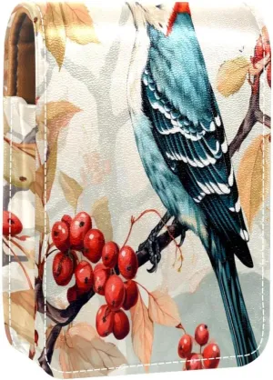 Lipstick Case Woodpecker Bird on Red Berries Branch Prints Mini Lipstick Holder Organizer Bag With Mirror for Purse Travel Cosmetic Pouch