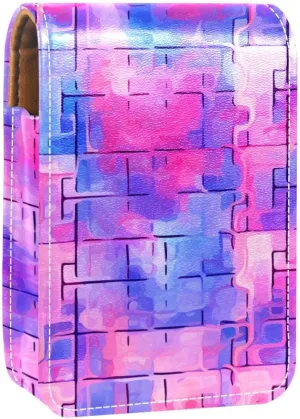 Lipstick Case,Leather Lip Gloss Lipstick Organizer with Mirror,Mini Lipstick Holder Bag,Bright Pink Pattern Purple
