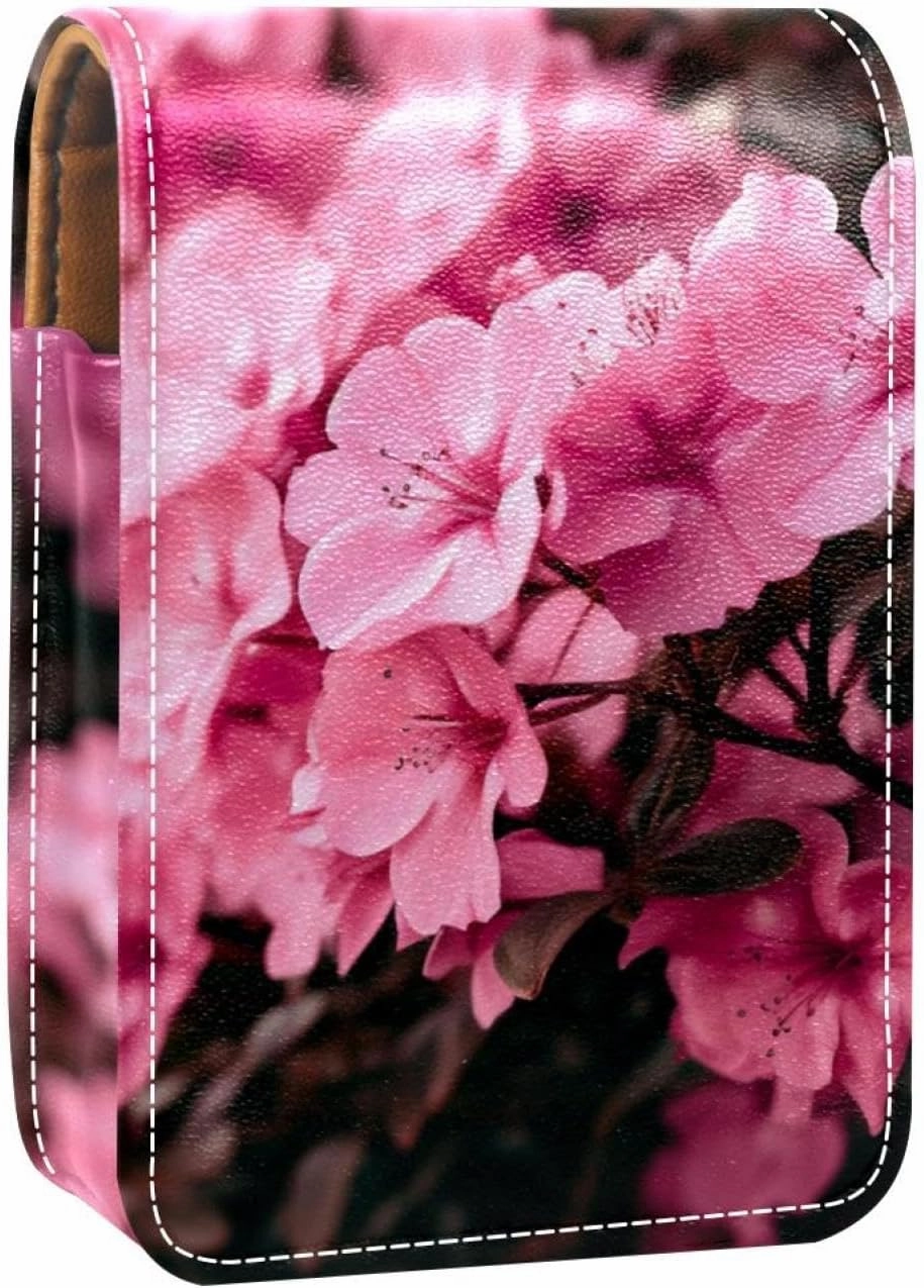 Lipstick Case,Leather Lip Gloss Lipstick Organizer with Mirror,Mini Lipstick Holder Bag,Blooming Blossom Pink Flower