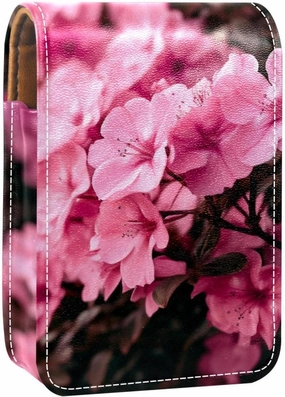 Lipstick Case,Leather Lip Gloss Lipstick Organizer with Mirror,Mini Lipstick Holder Bag,Blooming Blossom Pink Flower