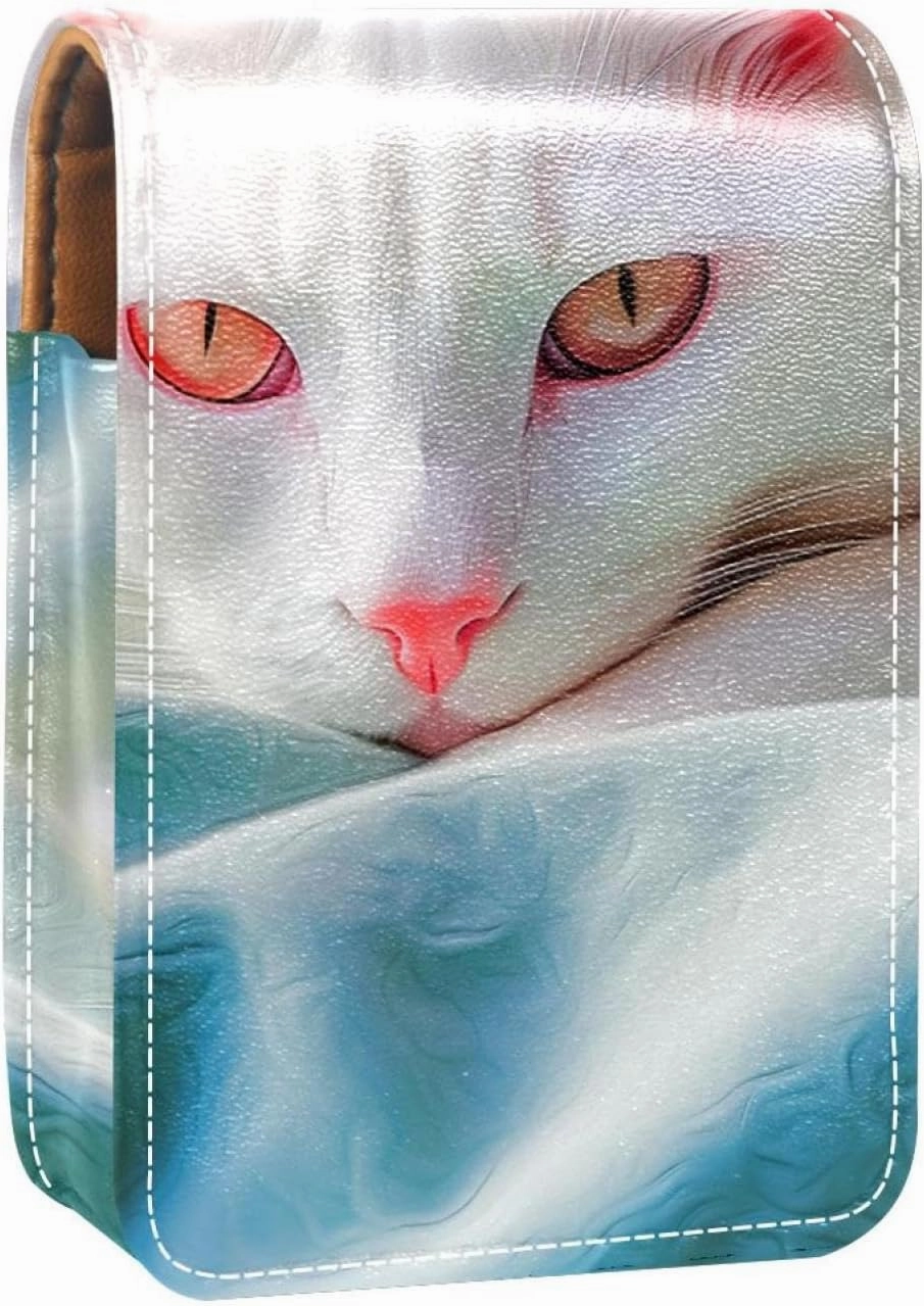 Lipstick Case,Leather Lip Gloss Lipstick Organizer with Mirror,Mini Lipstick Holder Bag,Blue and Green Eyes Pink Cat