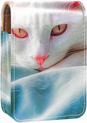 Lipstick Case,Leather Lip Gloss Lipstick Organizer with Mirror,Mini Lipstick Holder Bag,Blue and Green Eyes Pink Cat