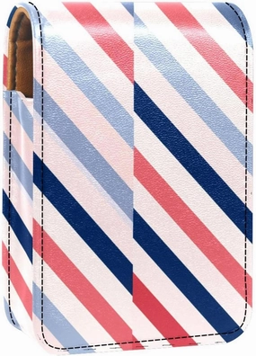 Lipstick Case,Leather Lip Gloss Lipstick Organizer with Mirror,Mini Lipstick Holder Bag,Blue and Red Stripes
