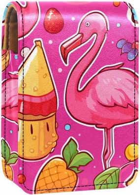 Lipstick Case,Leather Lip Gloss Lipstick Organizer with Mirror,Mini Lipstick Holder Bag,Flamingo and Anchor Pink Cartoon