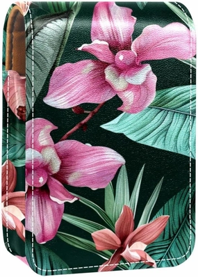 Lipstick Case,Leather Lip Gloss Lipstick Organizer with Mirror,Mini Lipstick Holder Bag,Floral Watercolor Pink Flower