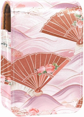 Lipstick Case,Leather Lip Gloss Lipstick Organizer with Mirror,Mini Lipstick Holder Bag,Flower Fan Pink Texture
