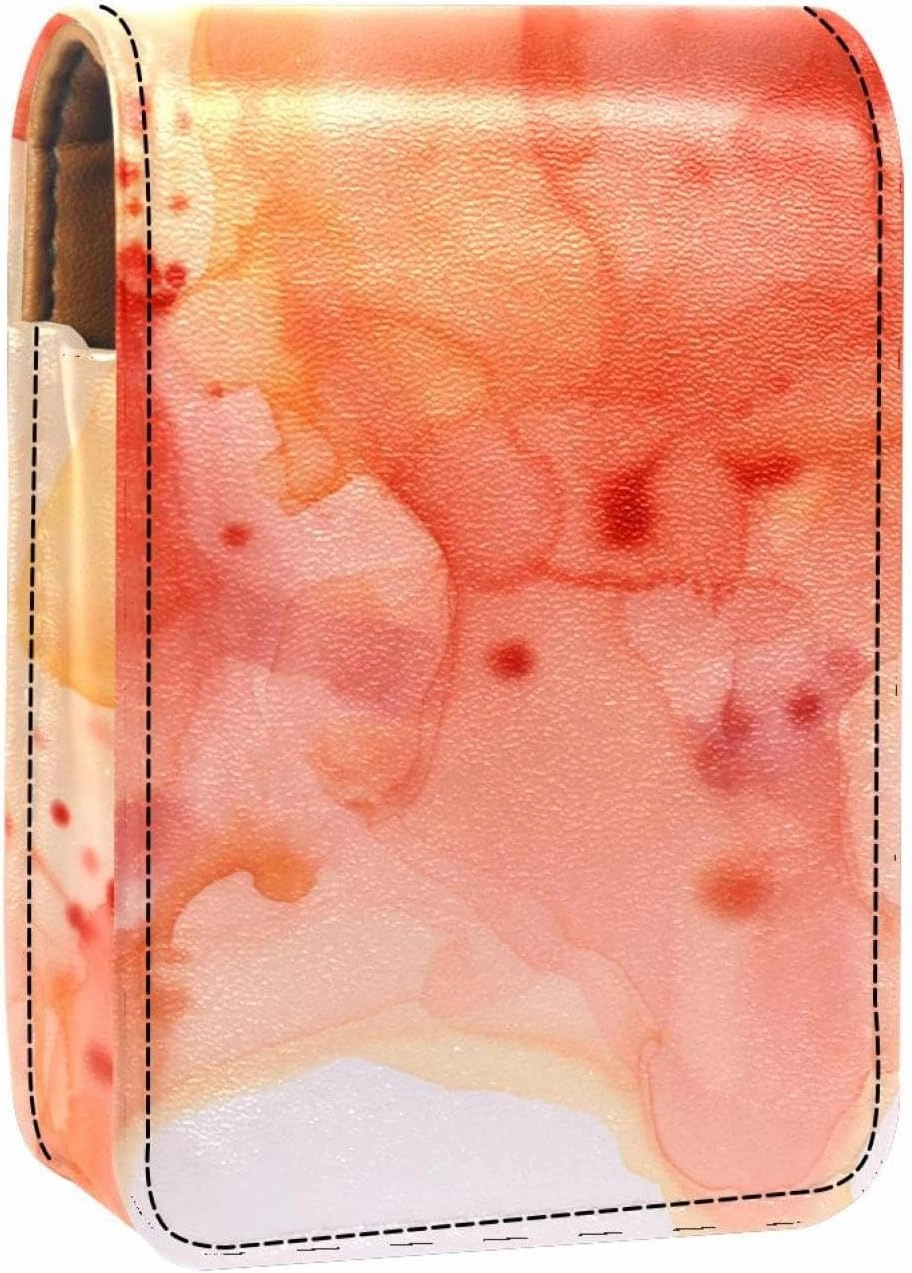 Lipstick Case,Leather Lip Gloss Lipstick Organizer with Mirror,Mini Lipstick Holder Bag,Watercolor Pink